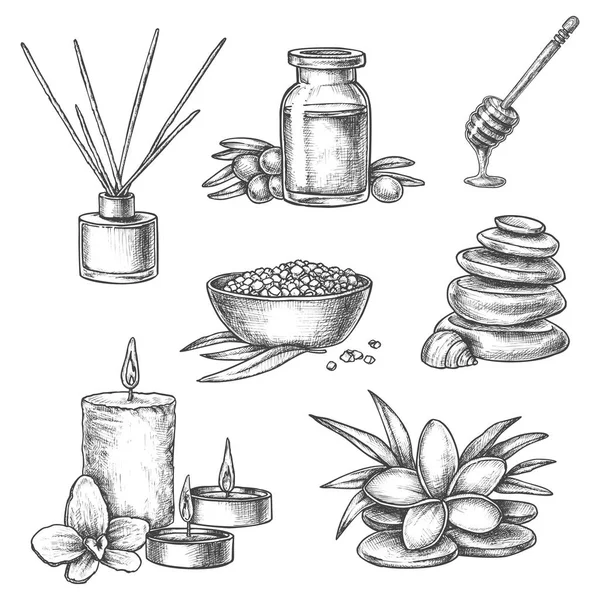 Sketch masaje de spa tailandés, aromaterapia y bienestar — Vector de stock