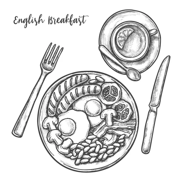 Sketch English breakfast menu eggs, bacon, sausage — 图库矢量图片