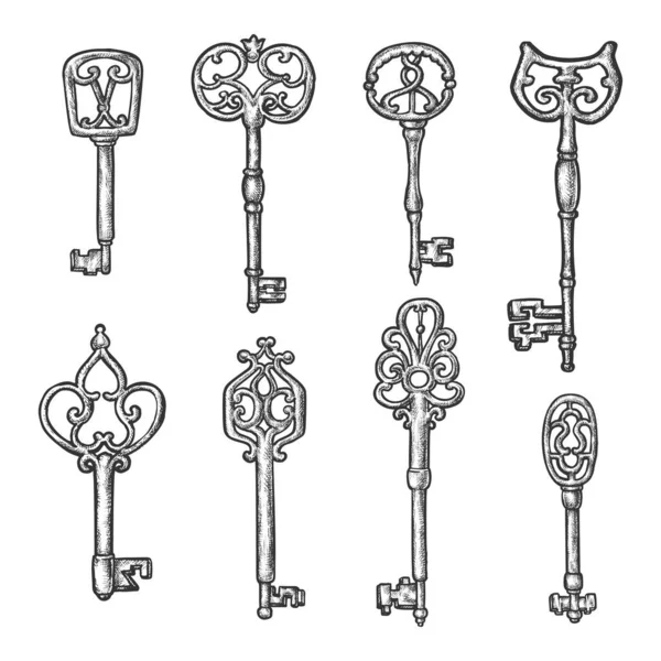 古老的带有装饰品的老式钥匙，草图 — 图库矢量图片