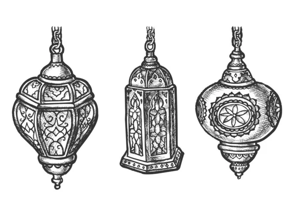 Lâmpadas de lanterna árabe com ornamentos árabes, esboço — Vetor de Stock