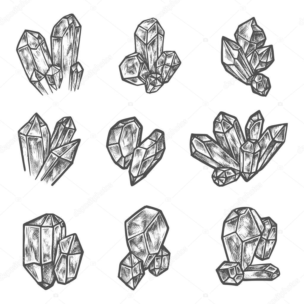 Sketch crystals, gemstones and gem jewelry