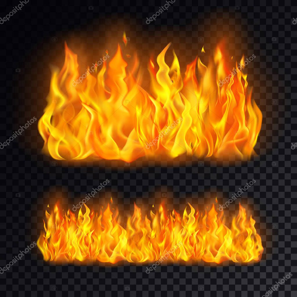 Realistic cartoon fire or campfire, bonfire on transparent background. Icon for flame and burn. Vector illustration for heat or hot, flammable emoticon. Fireball and flaming. Danger and hazard theme