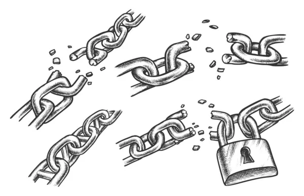 Broken chain links. Sketch of lock or padlock — Stock Vector