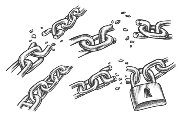 Ligações de correntes partidas. Esboço de fechadura ou cadeado —  Vetores de Stock