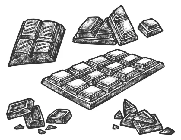 Dibujo ilustración pedazos rotos de barra de chocolate — Vector de stock
