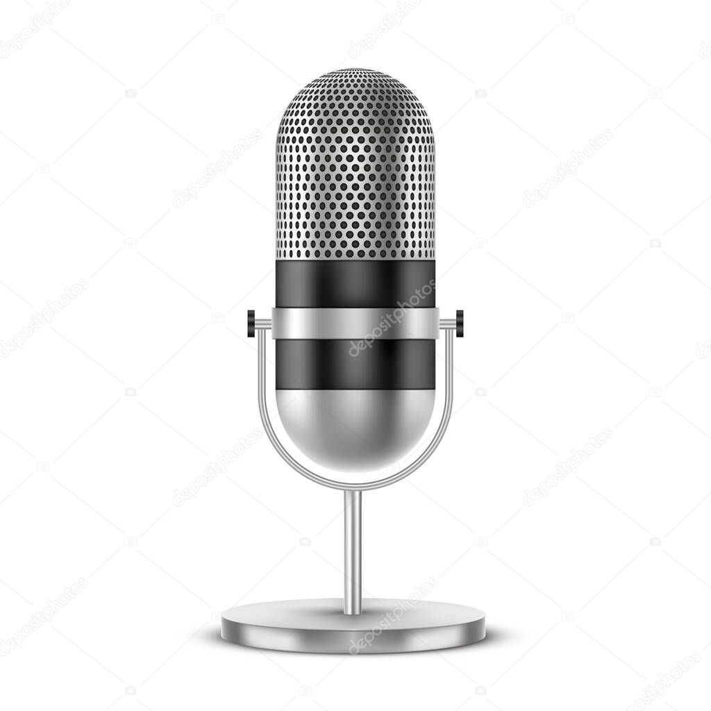 Retro microphone of silver metal, 3d realistic