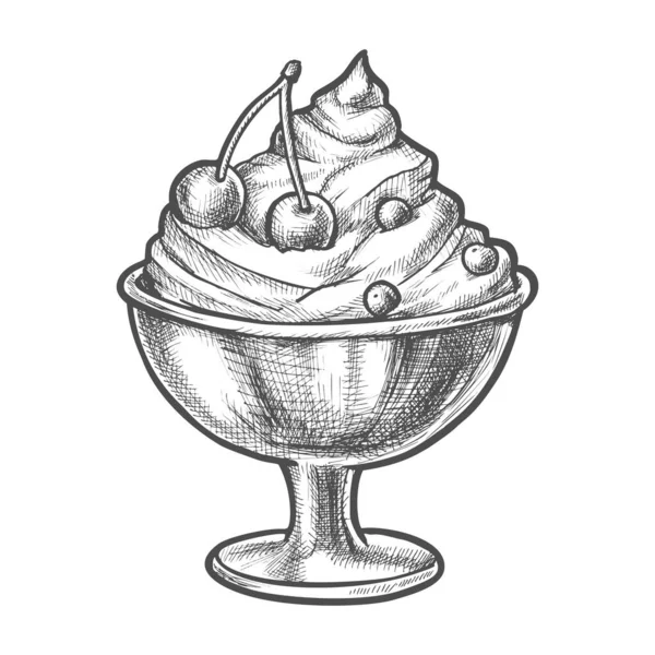 Croquis crème glacée à la cerise dans une tasse de bol sundae — Image vectorielle