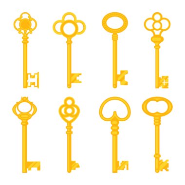 Eski anahtarlar, sarı eski simgeler, süslü başlıklar