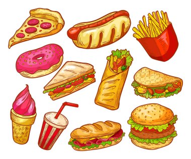 Fast food sandviçleri, hamburgerler ve içecekler.