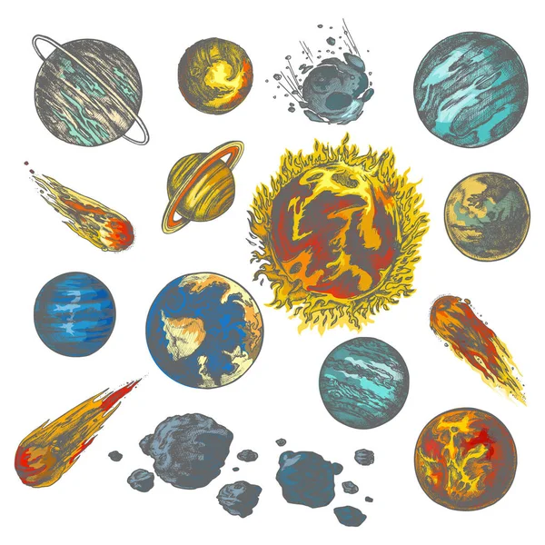 Dibujo vectorial de planetas, meteoritos y asteroides de galaxias — Archivo Imágenes Vectoriales