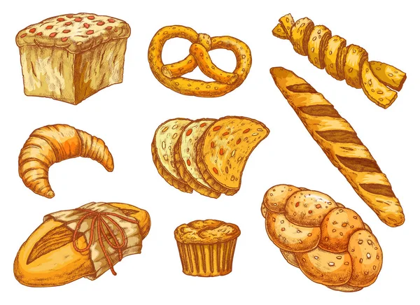 Pain et pâtisserie de boulangerie desserts, croquis alimentaires — Image vectorielle