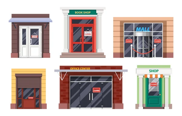 Boutique porte d'entrée, bureau, façades de centre commercial icônes — Image vectorielle