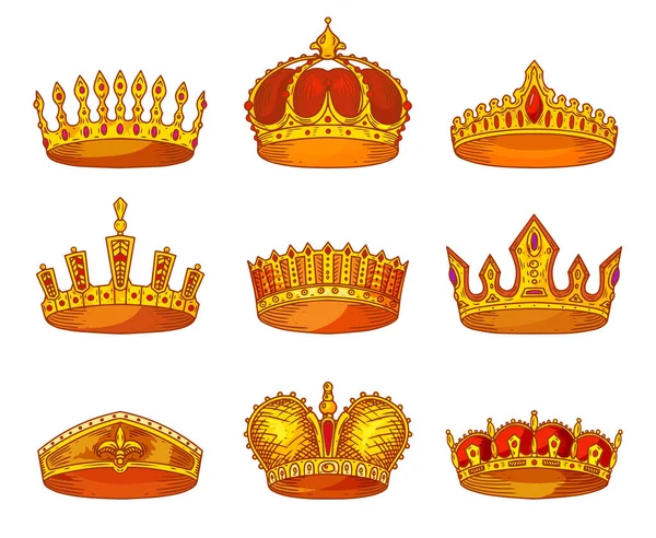 Couronnes royales dorées, croquis vecteur icônes héraldiques — Image vectorielle