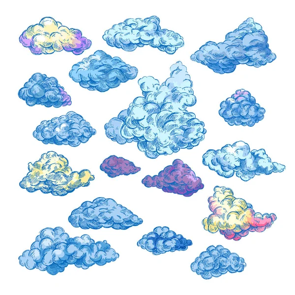 Sketch clouds, fluffy and stormy blue clouds — Stock Vector