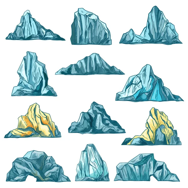 Sketch icebergs, mountain rocks and icy mounts — Stock Vector