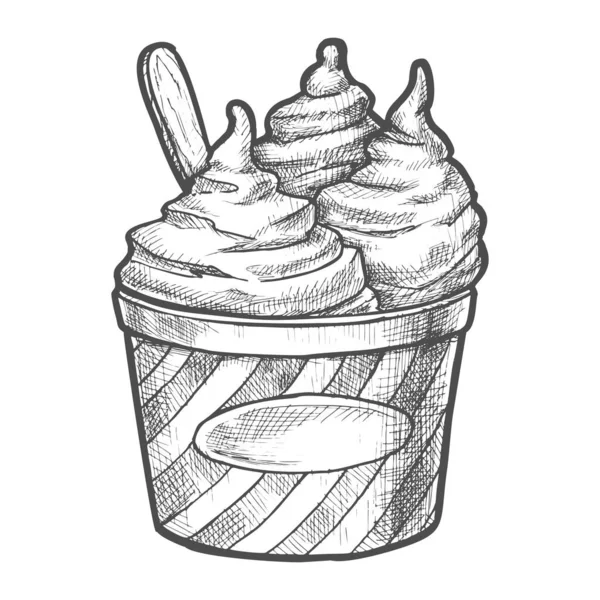 Sketch sorvete macio em xícara de papel, sobremesa congelada — Vetor de Stock