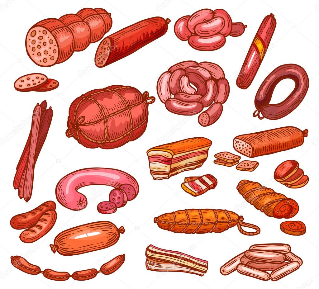 Sausages and meat, butchery shop deli food sketch