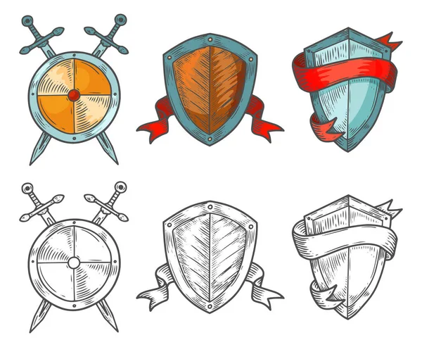 Conjunto de escudos históricos con cintas y espadas . — Vector de stock