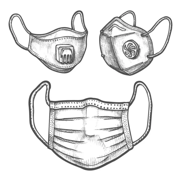 Uppsättning kirurgisk mask och ansikte respirator skiss — Stock vektor