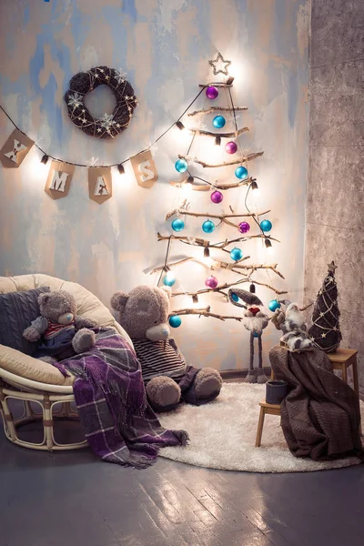 Creative wooden tree. New Year scene. Winter background — Stock Photo, Image