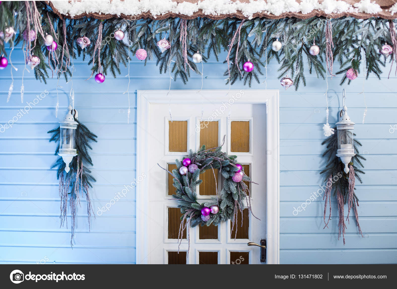 White Door With Hanging Wreath Under Tiled Roof Stock White Door With Hanging Wreath Under Tiled Roof Decorated Tree Branches Ornaments And Lights Photo By Favorekyiv Gmail Com