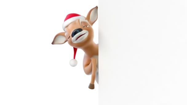 Мультфильм олень в шляпе Санта-Клауса — стоковое видео