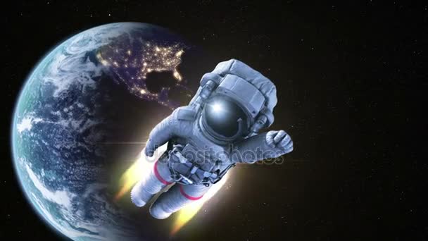Escapar de la Tierra, el astronauta vuela al espacio . — Vídeo de stock