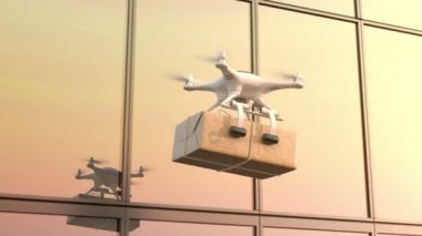 Sabah posta teslimi, Quadcopter bir ofis binası karşı uçar.
