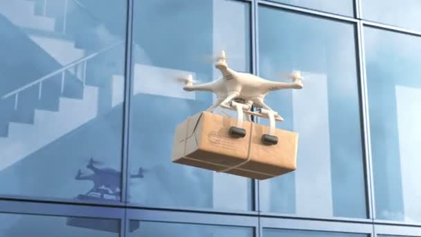 Quadcopter доставляет почту в офисное здание — стоковое видео