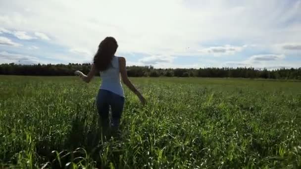 Menina bonita feliz vai em uma grama no campo — Vídeo de Stock