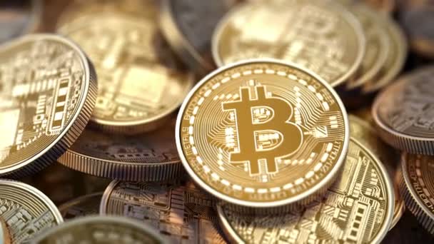 Mucchio di Bitcoin, bella animazione 3d con una profondità di campo — Video Stock