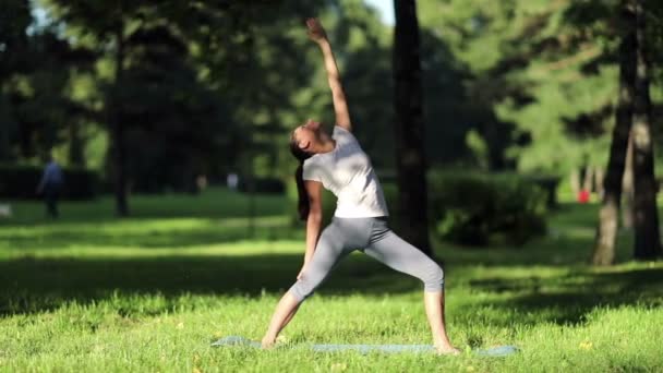 Mulher pratica ioga no parque — Vídeo de Stock