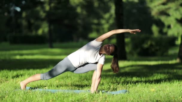 Mulher pratica ioga no parque — Vídeo de Stock
