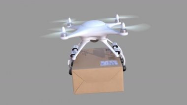Bir paket, 3d animasyon yeşil arka plan, 4 k üzerinde döngü sorunsuz Quadcopter sunar
