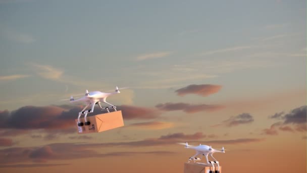 Quadcopters Leveren Pakketten Tegen Time Lapse Hemelachtergrond Animatie Groene Achtergrond — Stockvideo