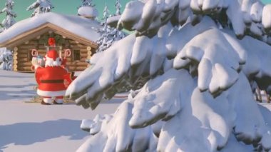 Ren geyiğiyle Noel Baba, Laponya 'daki Noel Baba evinden geliyor. Kuzey Işıklarıyla Güzel 3D Animasyon ve Yeşil Üzerinde Mutlu Noeller Metni, Bu yüzden her yere ve her zaman ekleyebilirsiniz