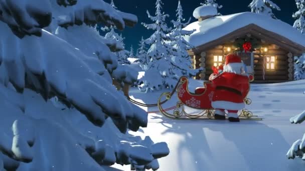 Père Noël avec rennes va sur le chemin de la maison du Père Noël 