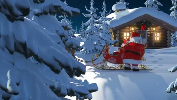 Santa Claus with Reindeer Goes on the Way from House of Santa — Stock Video