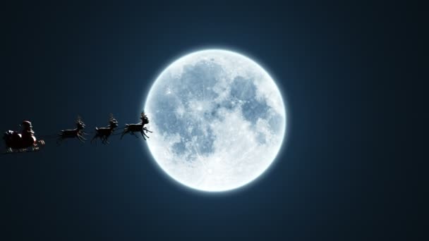 Santa Claus on a Reindeer Sleigh Flying on the Background of the Moon, Beautiful 3d Animation, Chroma Key Version Included. 4k — Stock Video