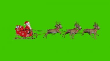 Ren Geyiği Kızağında Uçan Noel Baba, İki Güzel 3D Animasyon, Gece Uçuşu için Contour Light ile ikinci. Kusursuz döngü, 4k