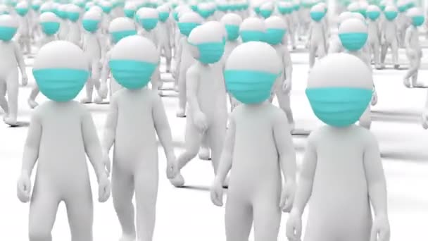 Pandemie, menigte van mensen die wandelen in beschermende medische maskers, 3d Animatie — Stockvideo