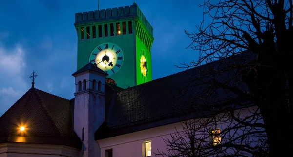 Torre Del Reloj Por Noche Liubliana — Foto de Stock