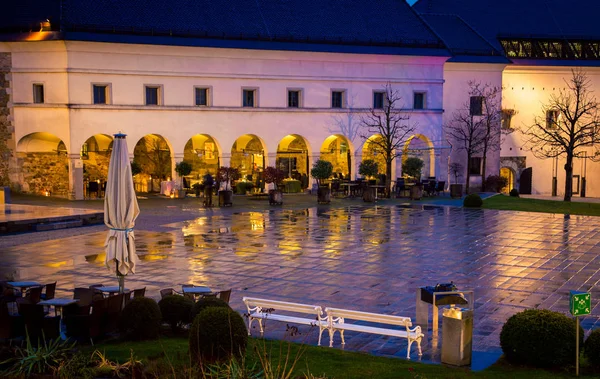 empty outdoor restaurant in the rain