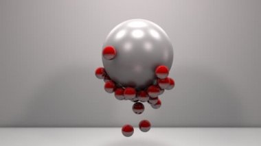 Manyetik olarak büyük bir inci gibi küre üzerinde bağlı gerçekçi parlak kırmızı plastik toplar. Teknoloji soyut kompozisyon. Alan ayarları derinliği. 3D render