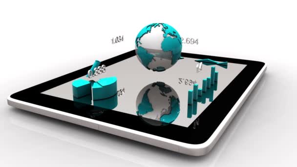 Animated Modern Financial Instruments Graphs Charts Earth Globe Tablet Screen — Stock Video