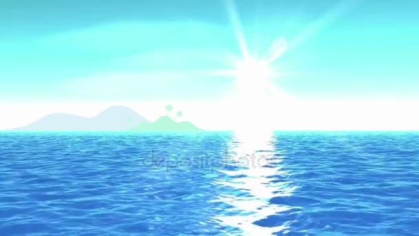 Voler lentement au-dessus d'une surface de mer calme, se dirigeant vers une île tropicale 