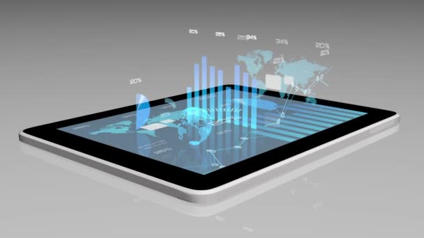 Animated Modern Financial Instruments Graphs Charts Earth Globe Tablet Screen — Stock Video