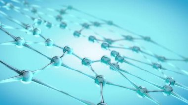 Animasyon moleküller veya ağ cam ve kristal yavaş dönüşümlü olarak. Mavi tasarlamak teknoloji ve hareketli arka plan mühendislik. Alan ayarları derinliği. 3D render.
