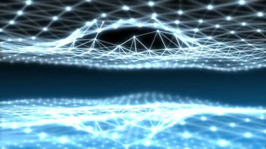 Pleksus çizgiler ve noktalar çift alan özgün organik hareket oluşturma bir küre tarafından geçti mavi. Fantastik bilim ve teknoloji kompozisyon. Alan ayarları derinliği. 3D render.