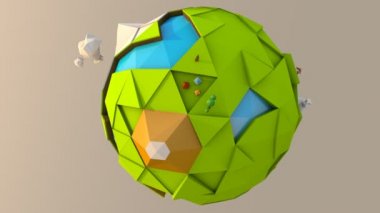 Bir 3B sorunsuz döngü düşük Poli fantastik dünya gezegen ile toprak, su, bulutlar, kar, dağlar, evler, yelken ve o ağaçta büyüyen bir tekne. 3D render